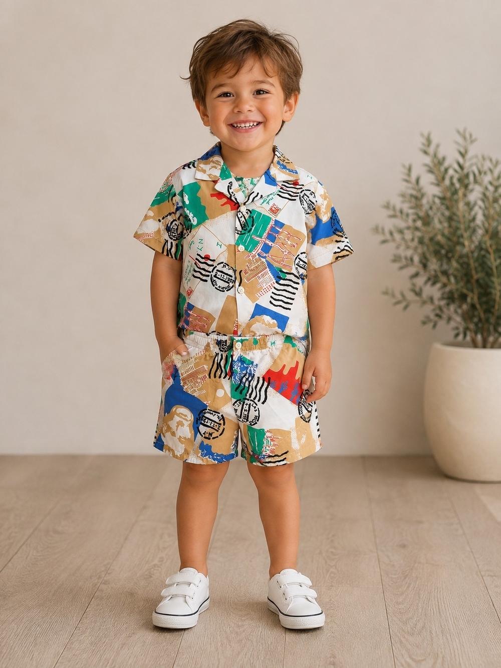 Vintage Multicolor Funky Kids Matching Shorts Set - Blue Green Red Tan